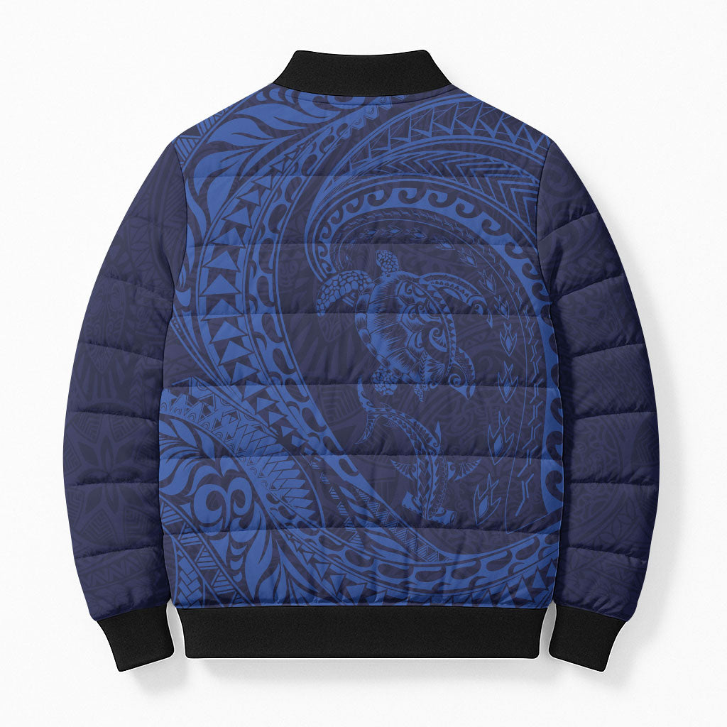 Hawaiian Turtle and Shark Bomber Puffer Jacket Kakau Tribal with Polynesian Pattern Blue Color LT03 - Polynesian Pride
