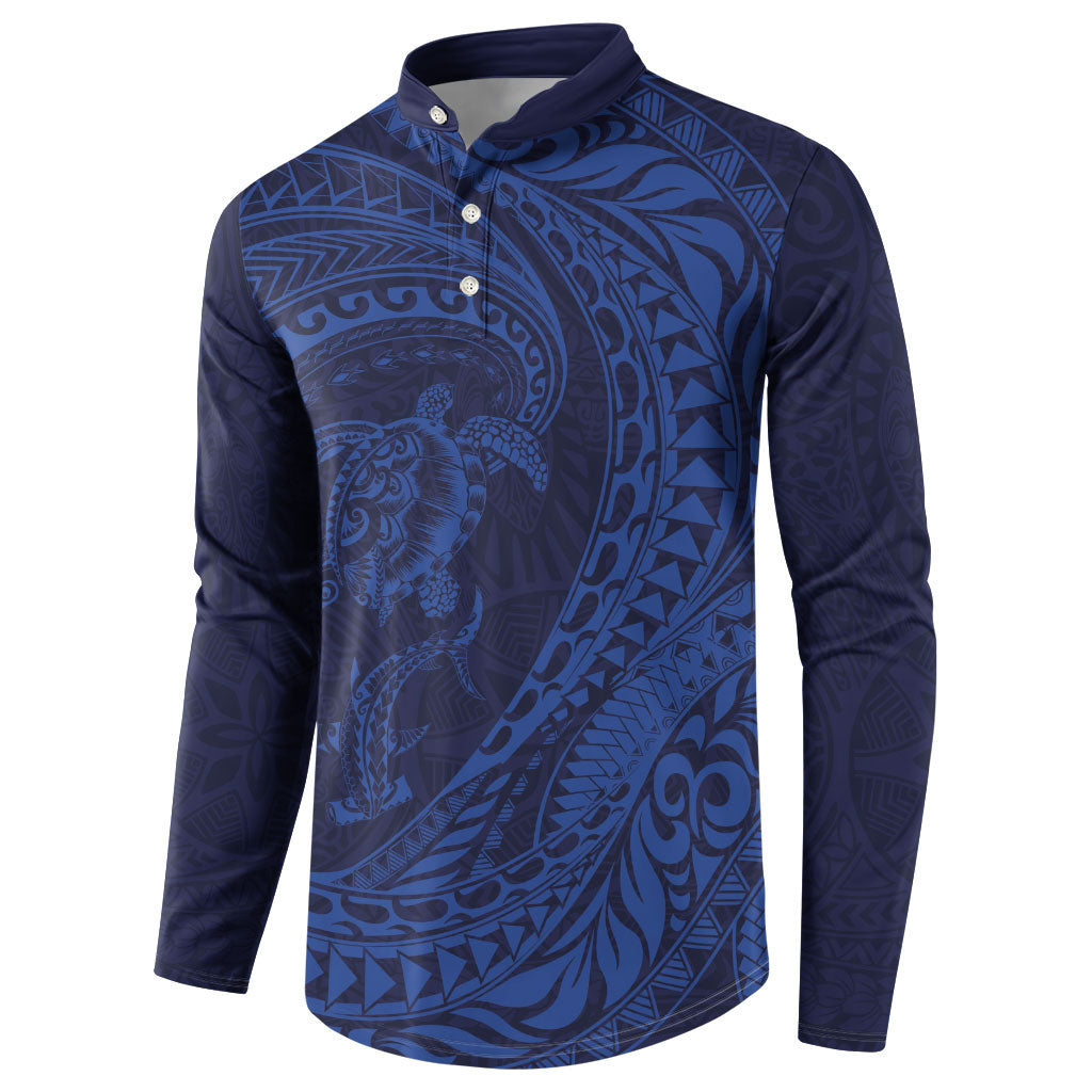 Hawaiian Turtle and Shark Button Sweatshirt Kakau Tribal with Polynesian Pattern Blue Color LT03 - Polynesian Pride
