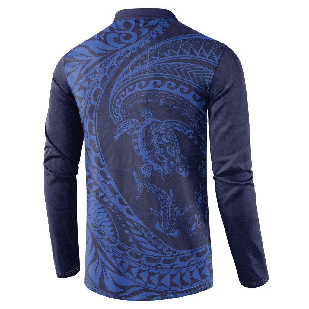 Hawaiian Turtle and Shark Button Sweatshirt Kakau Tribal with Polynesian Pattern Blue Color LT03 - Polynesian Pride