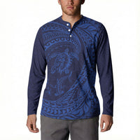 Hawaiian Turtle and Shark Button Sweatshirt Kakau Tribal with Polynesian Pattern Blue Color LT03 - Polynesian Pride