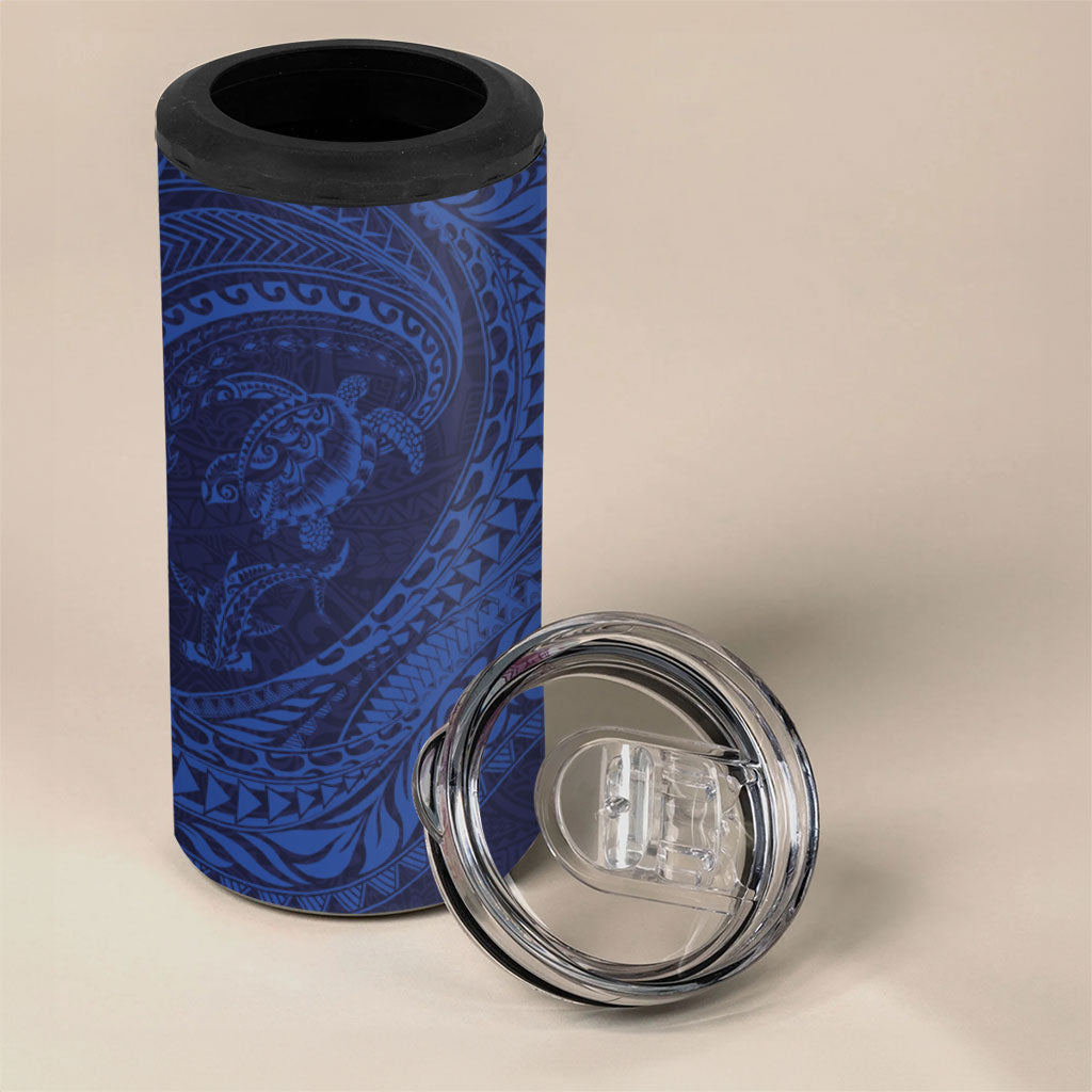 Hawaiian Turtle and Shark 4 in 1 Can Cooler Tumbler Kakau Tribal with Polynesian Pattern Blue Color LT03 - Polynesian Pride