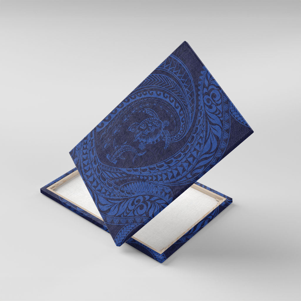 Hawaiian Turtle and Shark Canvas Wall Art Kakau Tribal with Polynesian Pattern Blue Color LT03 With Frame Blue - Polynesian Pride