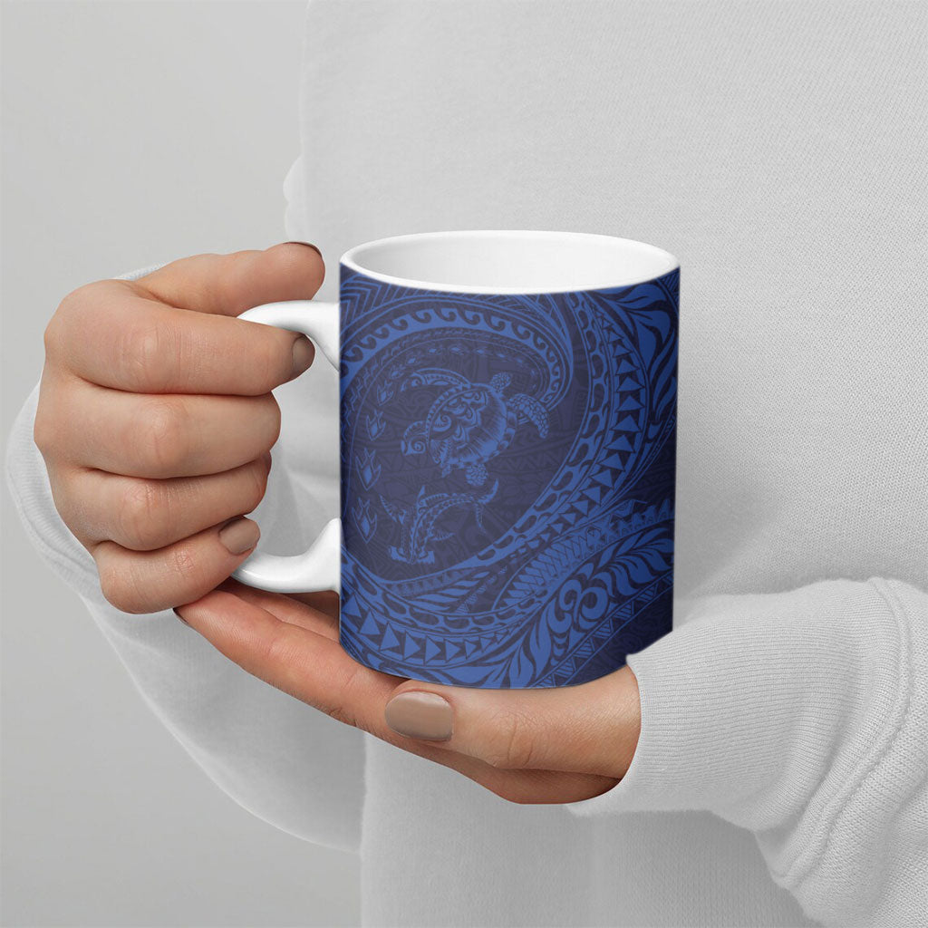 Hawaiian Turtle and Shark Ceramic Mug Kakau Tribal with Polynesian Pattern Blue Color LT03 - Polynesian Pride
