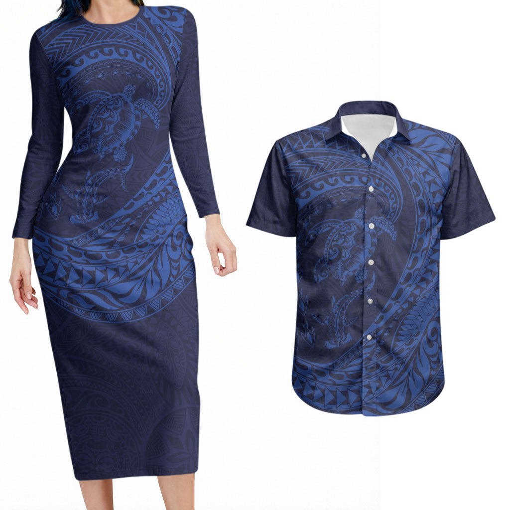Hawaiian Turtle and Shark Couples Matching Long Sleeve Bodycon Dress and Hawaiian Shirt Kakau Tribal with Polynesian Pattern Blue Color LT03 Blue - Polynesian Pride