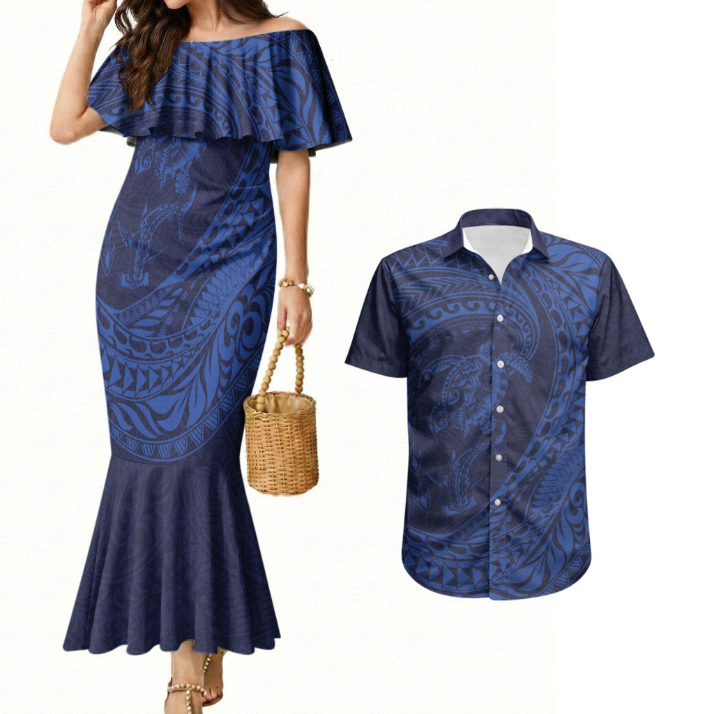 Hawaiian Turtle and Shark Couples Matching Mermaid Dress and Hawaiian Shirt Kakau Tribal with Polynesian Pattern Blue Color LT03 Blue - Polynesian Pride