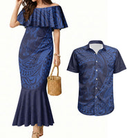 Hawaiian Turtle and Shark Couples Matching Mermaid Dress and Hawaiian Shirt Kakau Tribal with Polynesian Pattern Blue Color LT03 Blue - Polynesian Pride
