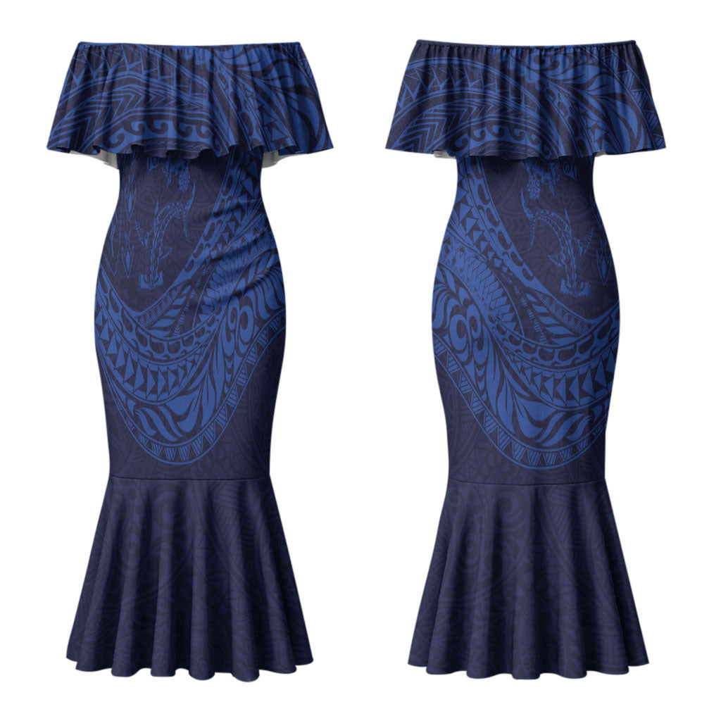 Hawaiian Turtle and Shark Couples Matching Mermaid Dress and Hawaiian Shirt Kakau Tribal with Polynesian Pattern Blue Color LT03 - Polynesian Pride
