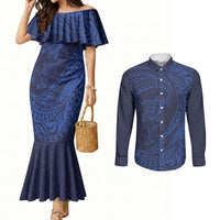 Hawaiian Turtle and Shark Couples Matching Mermaid Dress and Long Sleeve Button Shirt Kakau Tribal with Polynesian Pattern Blue Color LT03 Blue - Polynesian Pride