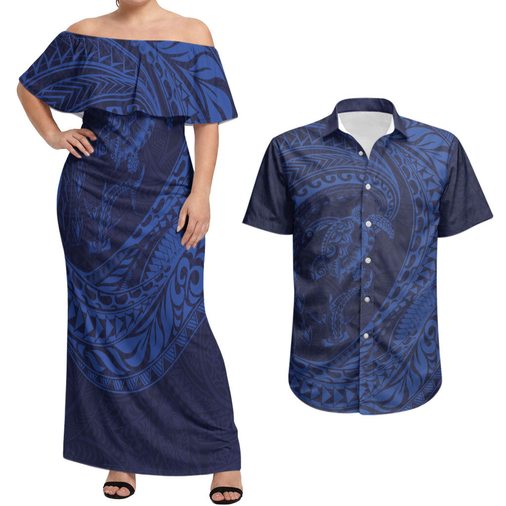 Hawaiian Turtle and Shark Couples Matching Off Shoulder Maxi Dress and Hawaiian Shirt Kakau Tribal with Polynesian Pattern Blue Color LT03 Blue - Polynesian Pride