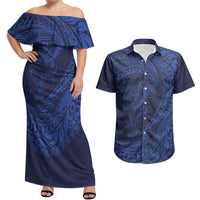 Hawaiian Turtle and Shark Couples Matching Off Shoulder Maxi Dress and Hawaiian Shirt Kakau Tribal with Polynesian Pattern Blue Color LT03 Blue - Polynesian Pride