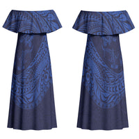 Hawaiian Turtle and Shark Couples Matching Off Shoulder Maxi Dress and Long Sleeve Button Shirt Kakau Tribal with Polynesian Pattern Blue Color LT03 - Polynesian Pride