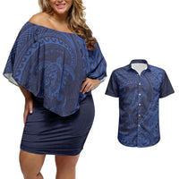 Hawaiian Turtle and Shark Couples Matching Off Shoulder Short Dress and Hawaiian Shirt Kakau Tribal with Polynesian Pattern Blue Color LT03 Blue - Polynesian Pride