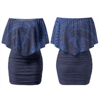 Hawaiian Turtle and Shark Couples Matching Off Shoulder Short Dress and Hawaiian Shirt Kakau Tribal with Polynesian Pattern Blue Color LT03 - Polynesian Pride