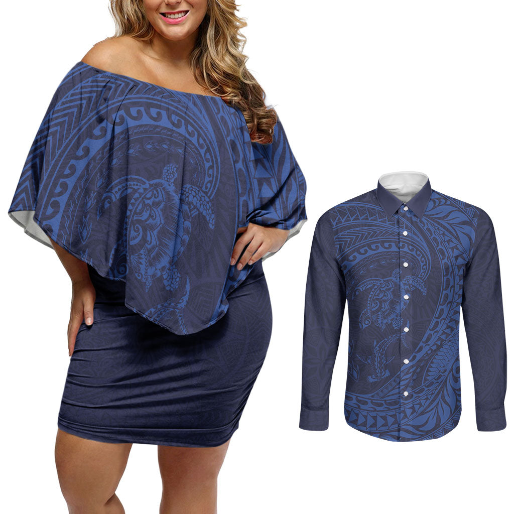 Hawaiian Turtle and Shark Couples Matching Off Shoulder Short Dress and Long Sleeve Button Shirt Kakau Tribal with Polynesian Pattern Blue Color LT03 Blue - Polynesian Pride