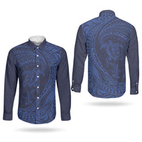 Hawaiian Turtle and Shark Couples Matching Off Shoulder Short Dress and Long Sleeve Button Shirt Kakau Tribal with Polynesian Pattern Blue Color LT03 - Polynesian Pride