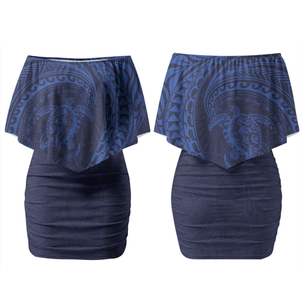 Hawaiian Turtle and Shark Couples Matching Off Shoulder Short Dress and Long Sleeve Button Shirt Kakau Tribal with Polynesian Pattern Blue Color LT03 - Polynesian Pride