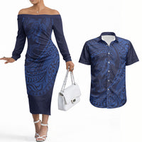 Hawaiian Turtle and Shark Couples Matching Off The Shoulder Long Sleeve Dress and Hawaiian Shirt Kakau Tribal with Polynesian Pattern Blue Color LT03 Blue - Polynesian Pride