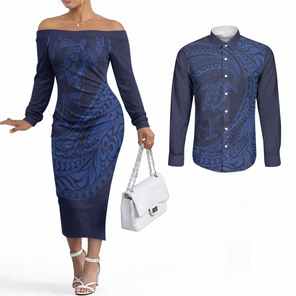 Hawaiian Turtle and Shark Couples Matching Off The Shoulder Long Sleeve Dress and Long Sleeve Button Shirt Kakau Tribal with Polynesian Pattern Blue Color LT03 Blue - Polynesian Pride