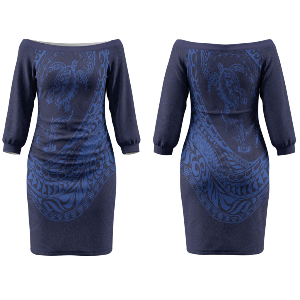 Hawaiian Turtle and Shark Couples Matching Off The Shoulder Long Sleeve Dress and Long Sleeve Button Shirt Kakau Tribal with Polynesian Pattern Blue Color LT03 - Polynesian Pride