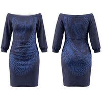 Hawaiian Turtle and Shark Couples Matching Off The Shoulder Long Sleeve Dress and Long Sleeve Button Shirt Kakau Tribal with Polynesian Pattern Blue Color LT03 - Polynesian Pride