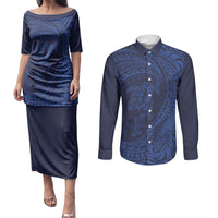 Hawaiian Turtle and Shark Couples Matching Puletasi and Long Sleeve Button Shirt Kakau Tribal with Polynesian Pattern Blue Color LT03 Blue - Polynesian Pride