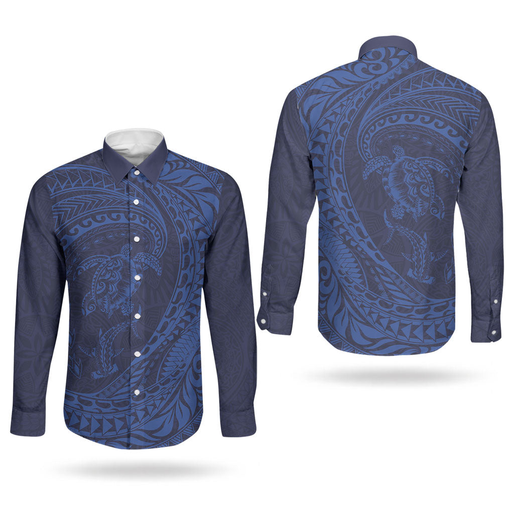 Hawaiian Turtle and Shark Couples Matching Puletasi and Long Sleeve Button Shirt Kakau Tribal with Polynesian Pattern Blue Color LT03 - Polynesian Pride