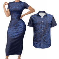 Hawaiian Turtle and Shark Couples Matching Short Sleeve Bodycon Dress and Hawaiian Shirt Kakau Tribal with Polynesian Pattern Blue Color LT03 Blue - Polynesian Pride