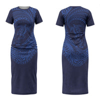 Hawaiian Turtle and Shark Couples Matching Short Sleeve Bodycon Dress and Long Sleeve Button Shirt Kakau Tribal with Polynesian Pattern Blue Color LT03 - Polynesian Pride