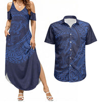Hawaiian Turtle and Shark Couples Matching Summer Maxi Dress and Hawaiian Shirt Kakau Tribal with Polynesian Pattern Blue Color LT03 Blue - Polynesian Pride
