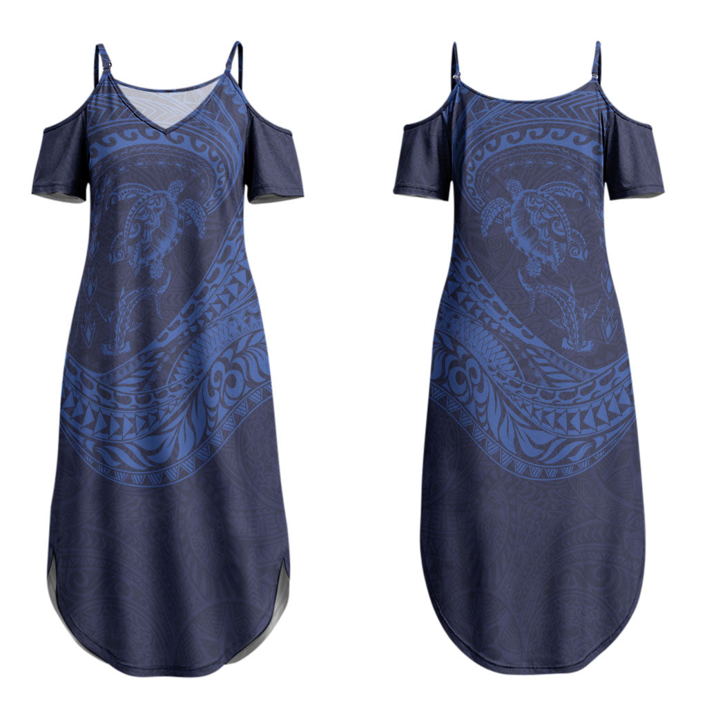 Hawaiian Turtle and Shark Couples Matching Summer Maxi Dress and Hawaiian Shirt Kakau Tribal with Polynesian Pattern Blue Color LT03 - Polynesian Pride