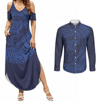 Hawaiian Turtle and Shark Couples Matching Summer Maxi Dress and Long Sleeve Button Shirt Kakau Tribal with Polynesian Pattern Blue Color LT03 Blue - Polynesian Pride