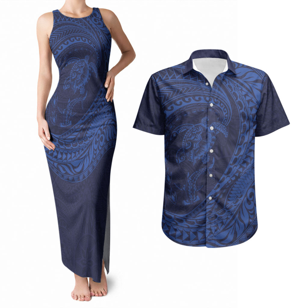Hawaiian Turtle and Shark Couples Matching Tank Maxi Dress and Hawaiian Shirt Kakau Tribal with Polynesian Pattern Blue Color LT03 Blue - Polynesian Pride