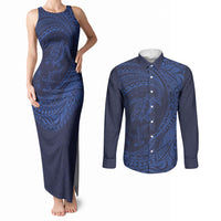 Hawaiian Turtle and Shark Couples Matching Tank Maxi Dress and Long Sleeve Button Shirt Kakau Tribal with Polynesian Pattern Blue Color LT03 Blue - Polynesian Pride