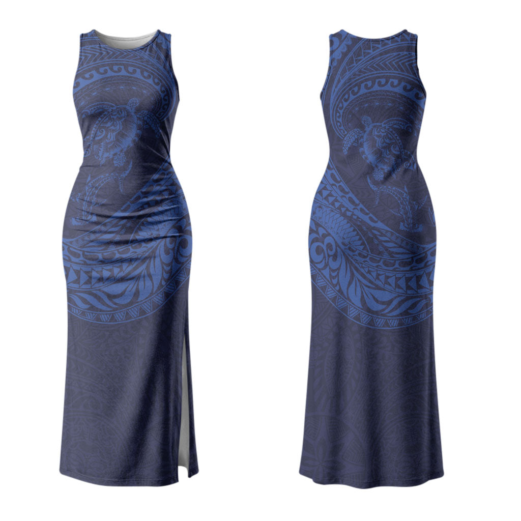 Hawaiian Turtle and Shark Couples Matching Tank Maxi Dress and Long Sleeve Button Shirt Kakau Tribal with Polynesian Pattern Blue Color LT03 - Polynesian Pride