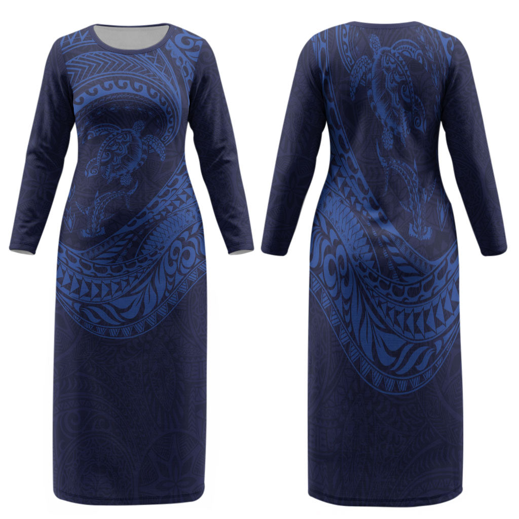 Hawaiian Turtle and Shark Family Matching Long Sleeve Bodycon Dress and Hawaiian Shirt Kakau Tribal with Polynesian Pattern Blue Color LT03 Mom's Dress Blue - Polynesian Pride