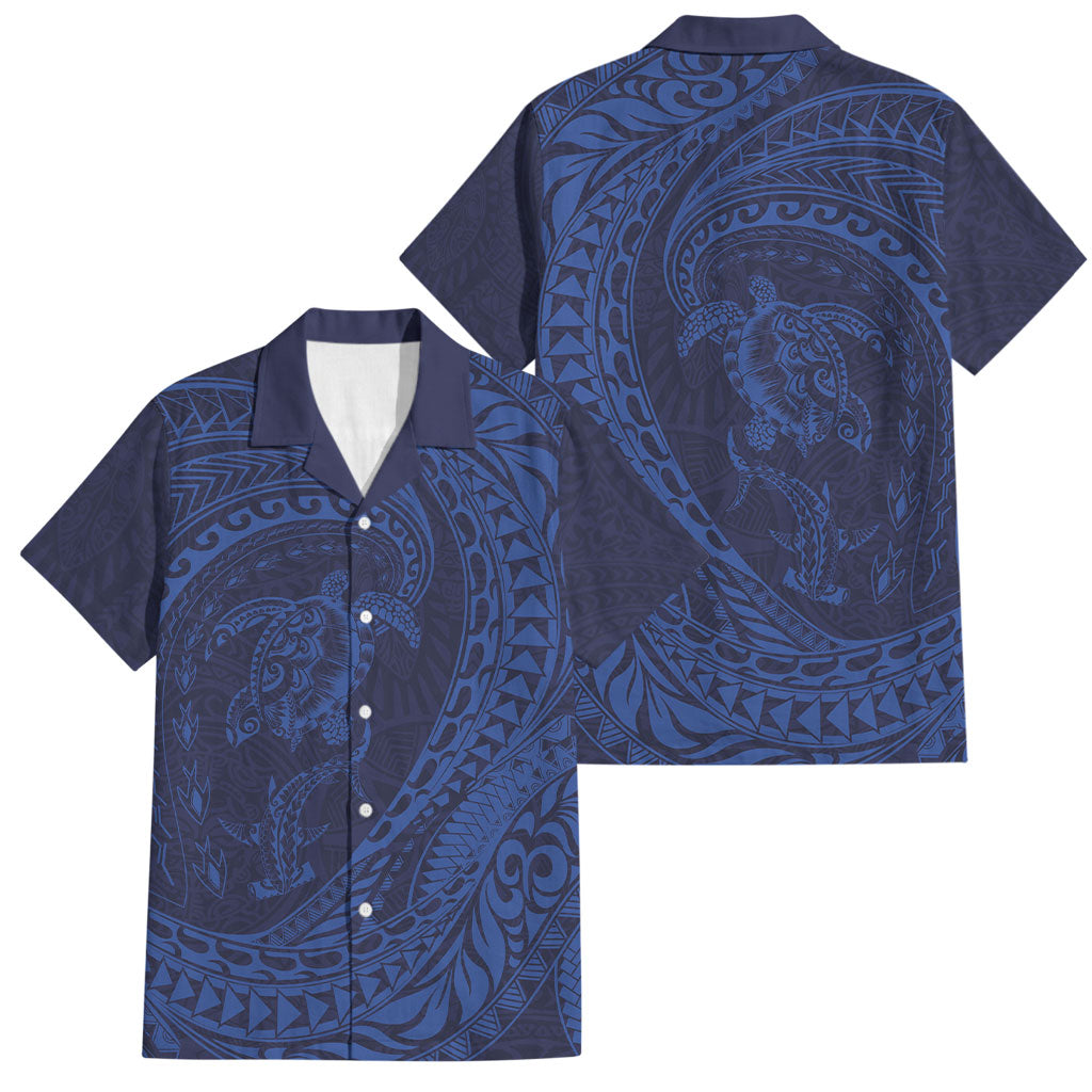 Hawaiian Turtle and Shark Family Matching Long Sleeve Bodycon Dress and Hawaiian Shirt Kakau Tribal with Polynesian Pattern Blue Color LT03 Dad's Shirt - Short Sleeve Blue - Polynesian Pride