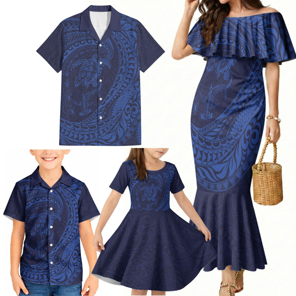 Hawaiian Turtle and Shark Family Matching Mermaid Dress and Hawaiian Shirt Kakau Tribal with Polynesian Pattern Blue Color LT03 - Polynesian Pride