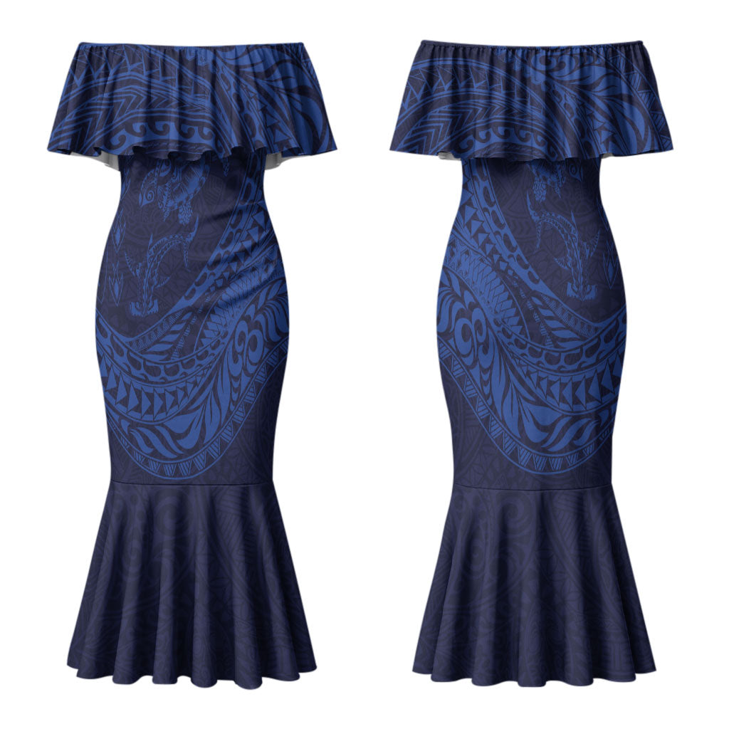 Hawaiian Turtle and Shark Family Matching Mermaid Dress and Hawaiian Shirt Kakau Tribal with Polynesian Pattern Blue Color LT03 Mom's Dress Blue - Polynesian Pride