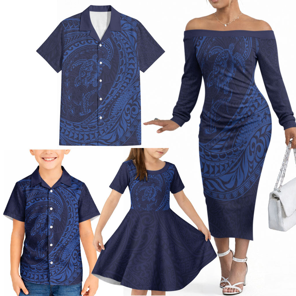 Hawaiian Turtle and Shark Family Matching Off The Shoulder Long Sleeve Dress and Hawaiian Shirt Kakau Tribal with Polynesian Pattern Blue Color LT03 - Polynesian Pride