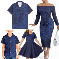 Hawaiian Turtle and Shark Family Matching Off The Shoulder Long Sleeve Dress and Hawaiian Shirt Kakau Tribal with Polynesian Pattern Blue Color LT03 - Polynesian Pride