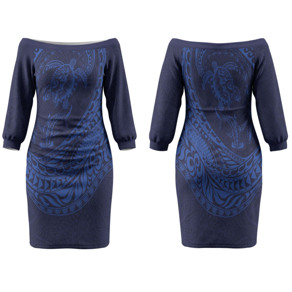 Hawaiian Turtle and Shark Family Matching Off The Shoulder Long Sleeve Dress and Hawaiian Shirt Kakau Tribal with Polynesian Pattern Blue Color LT03 Mom's Dress Blue - Polynesian Pride