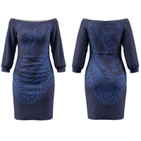 Hawaiian Turtle and Shark Family Matching Off The Shoulder Long Sleeve Dress and Hawaiian Shirt Kakau Tribal with Polynesian Pattern Blue Color LT03 Mom's Dress Blue - Polynesian Pride