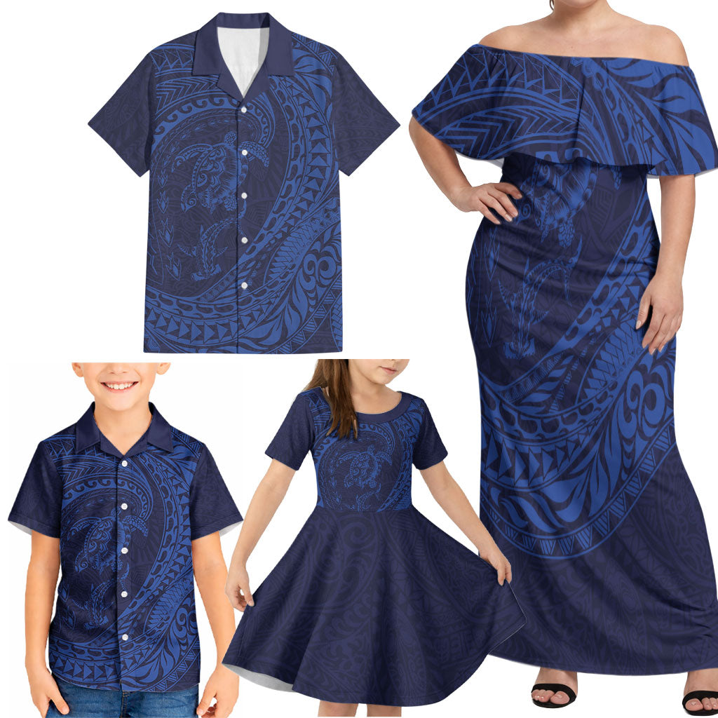 Hawaiian Turtle and Shark Family Matching Off Shoulder Maxi Dress and Hawaiian Shirt Kakau Tribal with Polynesian Pattern Blue Color LT03 - Polynesian Pride