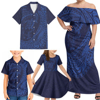 Hawaiian Turtle and Shark Family Matching Off Shoulder Maxi Dress and Hawaiian Shirt Kakau Tribal with Polynesian Pattern Blue Color LT03 - Polynesian Pride