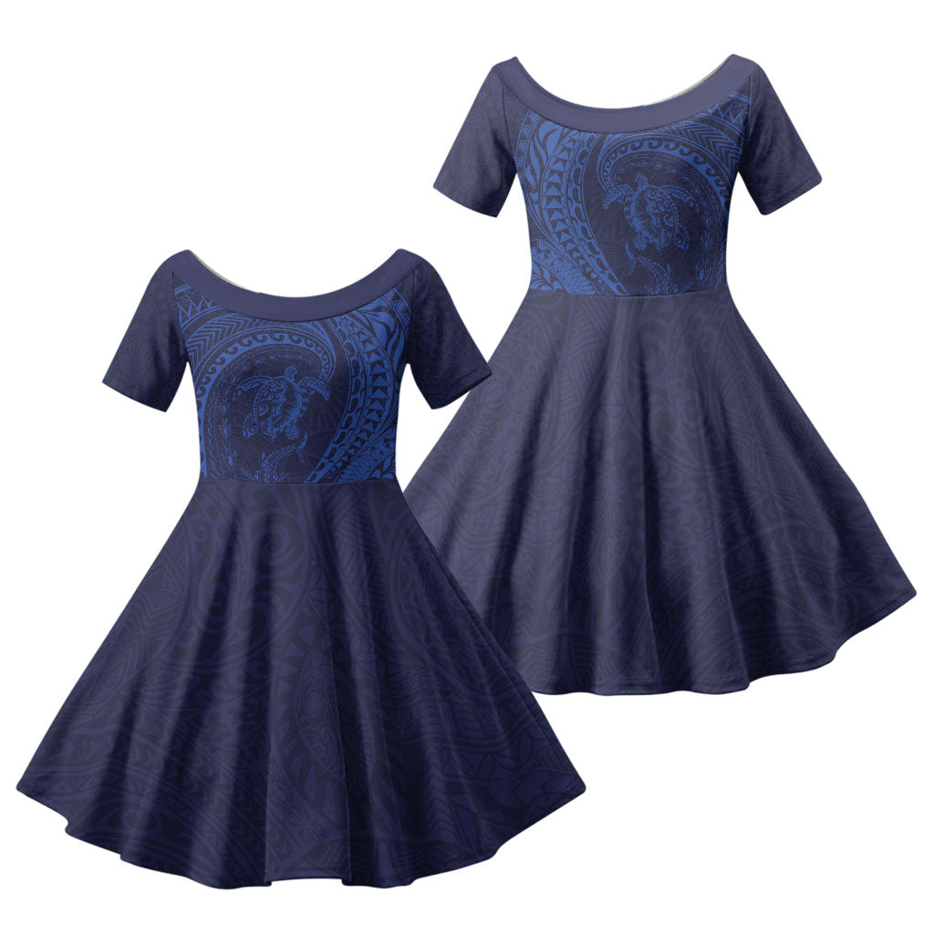 Hawaiian Turtle and Shark Family Matching Off Shoulder Maxi Dress and Hawaiian Shirt Kakau Tribal with Polynesian Pattern Blue Color LT03 Daughter's Dress Blue - Polynesian Pride