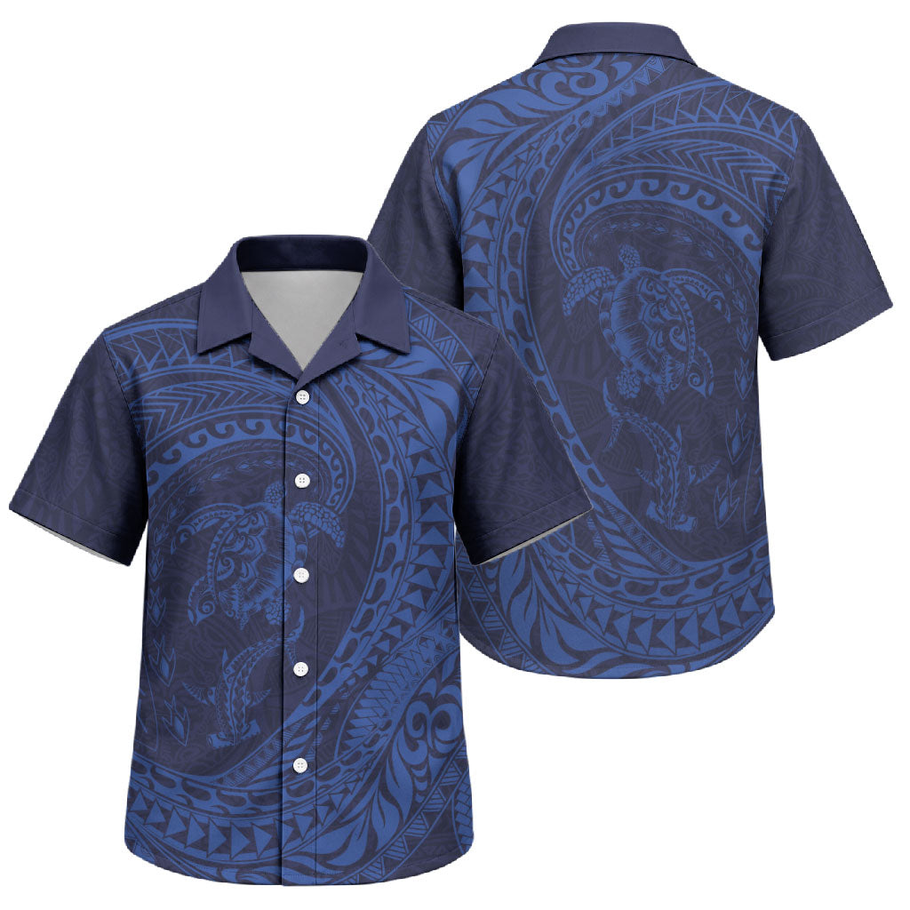 Hawaiian Turtle and Shark Family Matching Off Shoulder Maxi Dress and Hawaiian Shirt Kakau Tribal with Polynesian Pattern Blue Color LT03 Son's Shirt Blue - Polynesian Pride
