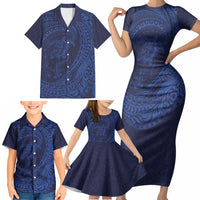 Hawaiian Turtle and Shark Family Matching Short Sleeve Bodycon Dress and Hawaiian Shirt Kakau Tribal with Polynesian Pattern Blue Color LT03 - Polynesian Pride