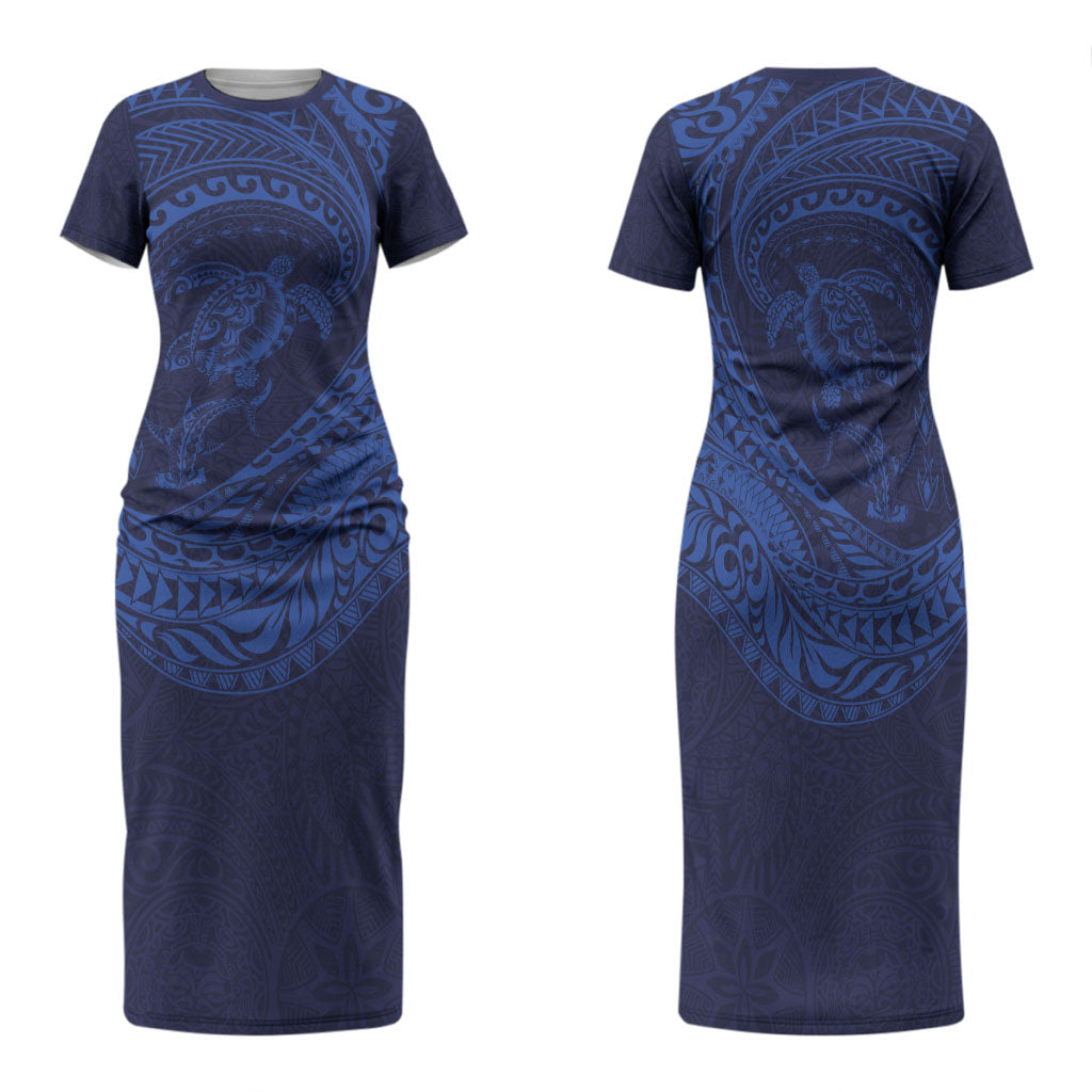 Hawaiian Turtle and Shark Family Matching Short Sleeve Bodycon Dress and Hawaiian Shirt Kakau Tribal with Polynesian Pattern Blue Color LT03 Mom's Dress Blue - Polynesian Pride