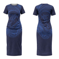 Hawaiian Turtle and Shark Family Matching Short Sleeve Bodycon Dress and Hawaiian Shirt Kakau Tribal with Polynesian Pattern Blue Color LT03 Mom's Dress Blue - Polynesian Pride