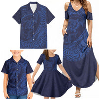 Hawaiian Turtle and Shark Family Matching Summer Maxi Dress and Hawaiian Shirt Kakau Tribal with Polynesian Pattern Blue Color LT03 - Polynesian Pride